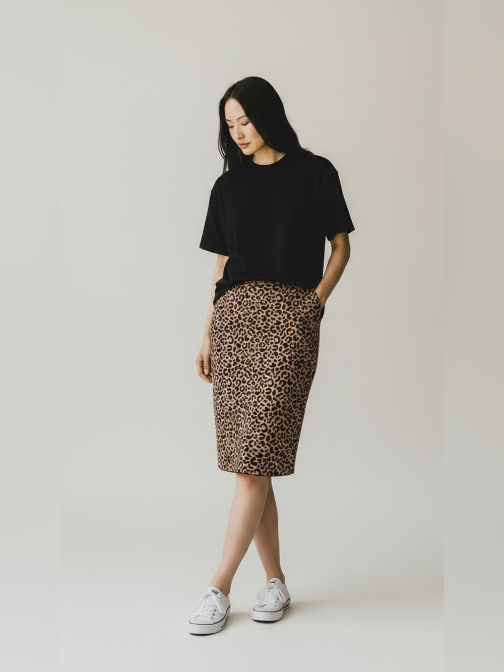 Marled Leopard-Print Pencil Skirt Size L
